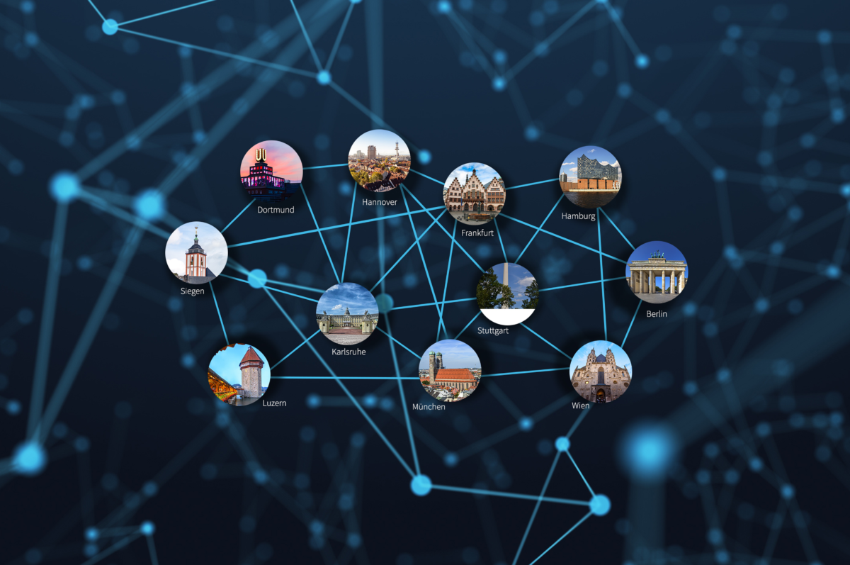 Netzwerk der av.netzwerk e.V.-Standorte in Deutschland, Österreich und der Schweiz mit Standorten unter anderem in Hannover, Hamburg, Berlin, München, Wien und Luzern